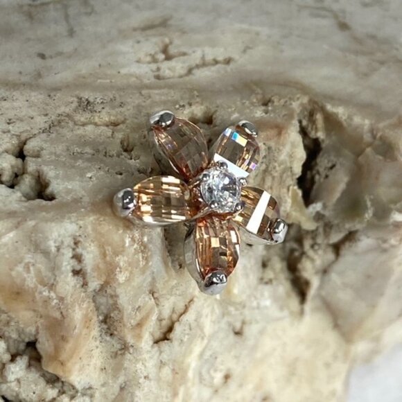 Sterling Silver Checkerboard Faceted CZ Flower Pendant Necklace & Stud Earrings - Picture 9 of 16